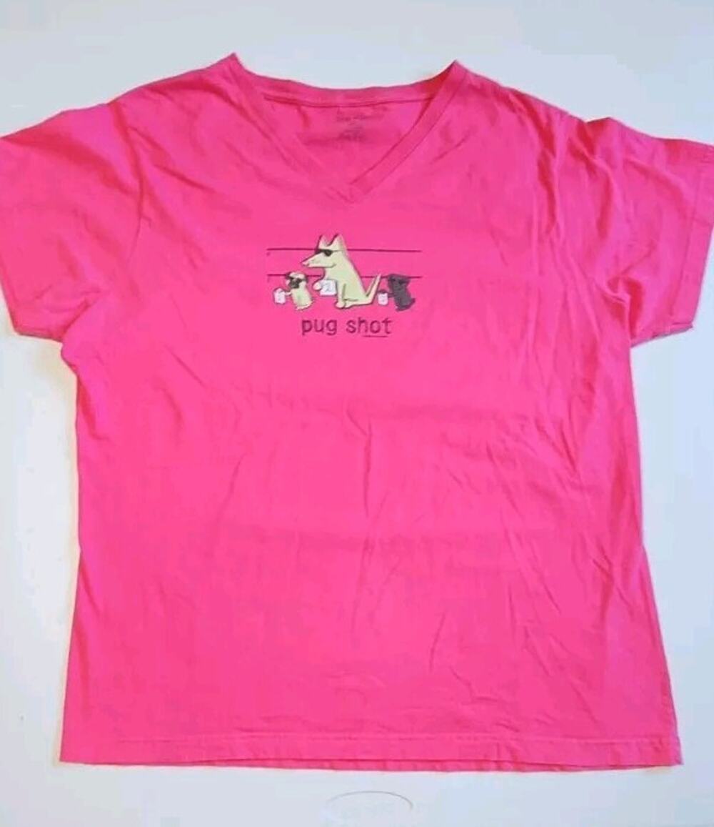 Teddy the Dog Womens shirt Pug Shot Pink V-Neck Size XL Tee